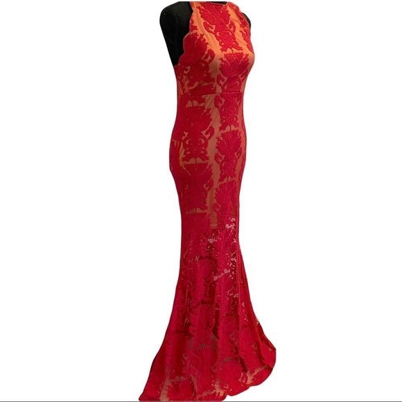 Red lace sleeveless halter top mermaid maxi dress gown size medium - Picture 3 of 15